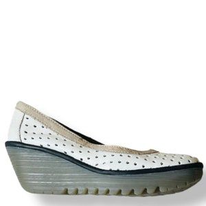 Fly London White Luna Perforated Wedge Shoes SZ 8-8.5